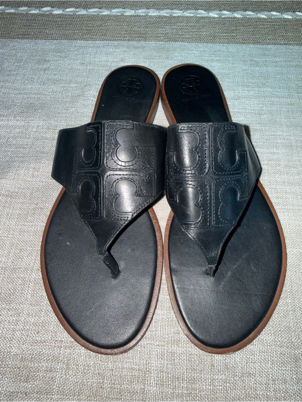 Tory Burch Black Leather Logo Thong Sandals with Brown Trim